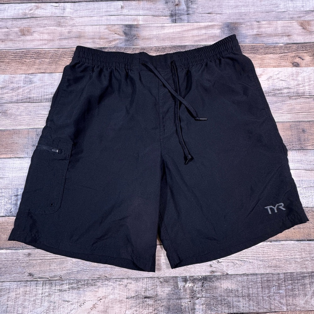 TYR Mens Athletic Shorts XL Black Compression Liner Zipper Pocket Drawstring